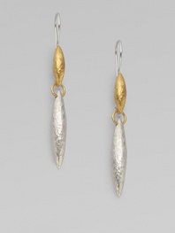From the Wheat Collection. Two daggers, one 24k yellow gold, one sterling silver, are connected by a single ring.Sterling silver 24k yellow gold Drop, about 2¼ Ear wire Imported
