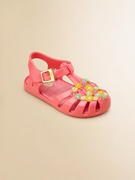 A heart-shaped flower pattern brightens up these adorable, not-so-basic jellies.T-strap and buckle closurePVC upperPVC liningPVC solePadded insoleImported