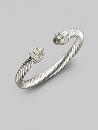 From the Silver Ice Collection. A signature cable of sterling silver, capped with soft green prasiolite and banded with pavé diamonds. Diamonds, 0.48 tcw Sterling silver Cable, 7mm Diameter, about 2¼ Made in USA