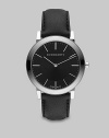 A super-slim black dial with sapphire crystal detail on a smooth leather strap. Round bezel Quartz movement Date function at 6 o'clock Second hand Water resistant to 3 ATM Stainless steel case: 40mm (1.57) Leather strap: 20mm (0.79) Made in Switzerland 
