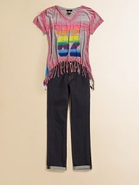 She'll be groovy in this lightweight knit in a colorful tie dye print with a spray-painted look Love graphic for a funky, far appeal.V-neckShort sleevesPullover styleUneven fringe hemRayonHand washImported