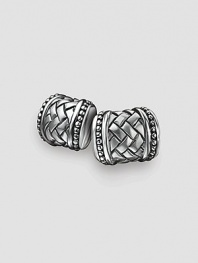 Woven cylinder design in stunning sterling silver. About ¾ X ½ each Made in USA