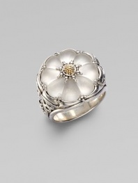 From the Iris Collection. A carved floral-shape frosted rock crystal commands attention in this beautiful sterling silver and 18k gold piece. Sterling silver 18k gold Width, about 1 Imported 