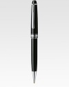 Ballpoint with twist mechanism at tip, with barrel and cap made of precious resin and floating logo emblem.BallpointPlatinum-plated clipResin with inlaid logo emblemAbout 5½ longMade in Germany