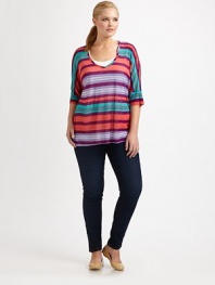 Brightly striped, an easy pullover with modern elbow-length sleeves.V-neckElbow-length sleevesPull-on styleAbout 29 from shoulder to hemMicro modalDry cleanMade in USA