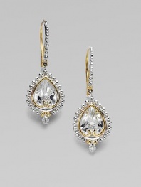 Fabulous, faceted, pear shaped white topaz create teardrop earrings dazzled with diamonds.White topaz Diamonds, 0.03 tcw 18K yellow gold Sterling silver Pierced Imported