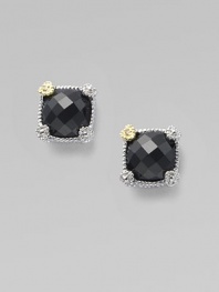 From the Linen Collection. An elegant faceted cushion of black onyx in a linen-textured sterling silver setting is gracefully accented by heart-shaped prongs, one of them in 18k gold with a diamond accent. Black onyx Diamonds, 0.008 tcw Sterling silver and 18k yellow gold Diameter, about 1¼ Post back Imported
