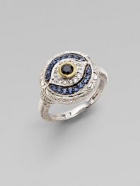 From the Lucky Collection. Black, white and blue sapphires, artfully arranged in an evil eye ring of sterling silver to protect you from whatever might be out there.Black, white and blue sapphires Sterling silver Diameter, about ½ Imported