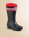 Knee-high fleece boot liners with striped cuffs and a patch logo will add a pop of pizazz to a rainy day.Slip-on styleSock: FleeceCuff: AcrylicMachine washImported