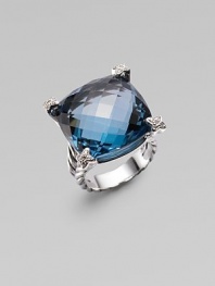 From the Cushion on Point Collection. A split cable band of sterling silver holds a faceted cushion of Hampton blue topaz, with shimmering pavé diamonds at the corners. Blue topaz Diamonds, 0.12 tcw Sterling silver About ¾ square Made in USA