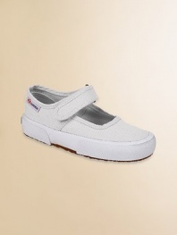 Easy on/off sneakers she'll wear with skirts and dresses in cotton canvas with a grip tape strap.Logo tab on side Cotton canvas upper Vulcanized rubber sole Imported