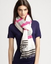 An allover multi-stripe design in a gauzy cotton blend. 85% cotton/15% acrylicAbout 26 X 80Dry cleanImported 