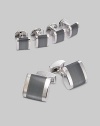 A luxury set that appoints a formal look with polished style, defined by fiber-optic glass band detail in rhodium-plated metal. Set includes 2 cuff links and 4 matching shirt studs Cuff links: about ¾ square Shirt studs: about ¼ square Imported 