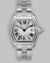 Stainless steel case has white lacquered dial, stainless steel bracelet and two interchangeable straps. Luminescent oxidized steel hands Case, 37mm X 33mm, 1.46 X 1.29 Case depth, 8.9mm, 0.35 Roman numerals, date Cartier caliber 688 quartz movement Water-resistant to 330 feet Band width, 15.5mm, 0.61 Adjustable steel buckle Made in Switzerland