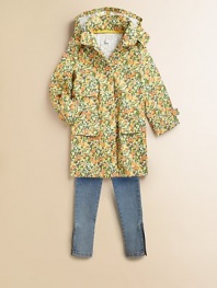 Bright and cheery with colorful fruit pattern, plenty of pockets for all her little necessities, plus a cozy hood to zip on for unpredictable weather.Detachable hood with snap closurePolo collarConcealed front snap closureLong sleeves with button cuffsThree front patch pocketsCottonHand washImported
