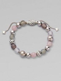 From the Spiritual Bead Collection. A pretty strand in soft pastel shades, combining beads of rose quartz, grey chalcedony, grey moonstone and milky rose quartz with an array of sterling silver beads and an oval cable slide clasp.Rose quartz, grey moonstone, grey chalcedony and milky rose quartzSterling silverDiameter, about 2Adjustable slide claspImported
