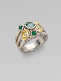 From the Prism Collection. A sparkling cluster of green quartz, chalcedony, and canary crystal on a triple band of textural sterling silver.Green quartz, green chalcedony, and canary crystal Sterling silver Width, about ½ Imported