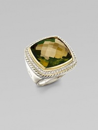 From the Albion Collection. A substantial cushion of faceted olive quartz, edged in sterling silver cable, diamonds and 18k gold on a smooth band of sterling silver.Diamonds, 0.52 tcw Olive quartz Sterling silver and 18k yellow gold About ¾ square Imported