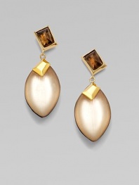 This pretty, handcrafted design features an almond shaped, lucite drop accented with a faceted smokey quartz stone and goldtone details. LuciteSmokey quartzGoldtoneDrop, about 2½Surgical steel post backMade in USA