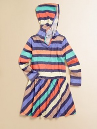 Vibrant stripes and an attached hood make this sweet knit an every day essential.Attached hoodLong sleevesPullover styleDrop-waist with elastic50% cotton/50% modalMachine washImported