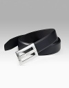 Smooth Italian leather with rectangular logo buckle. 1 wide Imported