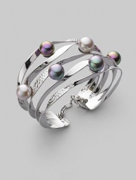 From the Ribbon Collection. Graceful ribbons, some smooth, some textured, hold lustrous pearls in a spectrum of soft shades. 10mm round white, grey and nuage man-made organic pearls Sterling silver Diameter, about 2¼ Width, about 1½ Lobster clasp Made in Spain