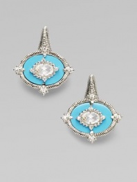 From the Oasis Collection. A gorgeous creation of textured sterling silver punctuated by oval-shaped turquoise, luminous white sapphires, and crystals.Turquoise, white sapphire, crystal Sterling silver Length, about ¾ Post and hinge backs Imported
