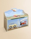 From the Transportation Collection. This sturdy, hand-painted chest will keep their toys organized in the most colorful way.Slow-close safety hinges on lid Side openings for carrying ease 32W X 26H X 15D Constructed of MDF ImportedRecommended for ages 3 and up Please note: Some assembly may be required. 