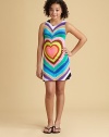 A colorful, tie-dye-inspired heart pattern is emblazoned on the front of this sweet knit style.Jewel necklineSleevelessA-linePull-on style85% rayon/15% spandexHand washImported