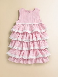 The sweetest confection, in cool, crisp, candy-striped seersucker with soft tiers and eyelet edging.Sleeveless Round neckline Empire waist with lace detail Tiered body with eyelet trim Back buttons Fully lined Cotton; machine wash Imported Please note: Number of buttons may vary depending on size ordered. 
