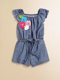 A precious romper is transformed into a stylish little ensemble with a snazzy belt and colorful flowers in a cool denim hue.Elastic squareneckPurl edge short flutter sleevesElastic waist with tie85% cotton/10% polyester/5% spandexMachine washImported