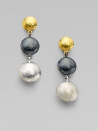 From the Lentil Collection. A trio of hammered spheres - yellow gold, white and blackened sterling silver - create a rich drop design.24k yellow gold Sterling silver Length, about 1½ Post back Imported