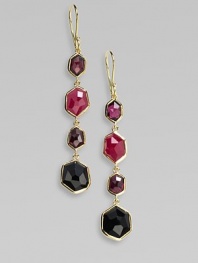 From the Modern Rock Candy® Collection. A delicately crafted piece with four faceted semi-precious stones set in 18k gold to create a wonderfully unique style. 18k goldRuby, garnet, onyx and rhodoliteHook backDrop, about 2¼Imported 