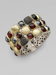 From the Chiclet Collection. A beautiful blend of faceted garnet and black onyx stones, pavé black diamonds and multi-texured 18k gold chiclets. Garnet and black onyxBlack diamonds, 1.4 tcw18K goldLength, about 7.5Push clasp closureImported 