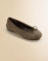 Herringbone wool ballet style with elasticized strap for a sure fit.Tie frontElastic strapPadded insoleRubber soleImported