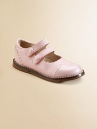 A classic silhouette with a scalloped-trim patent toe and heel and a double strap closure with decorative buttons for sweet style.Double grip-tape closureLeather upper with synthetic detailsRubber solePadded insoleLeather liningImported Please note: It is recommended that you order a ½ size smaller than measured. If your child measures a size 7.0, you may want to order a 6½. 