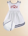 An adorable look for a picnic or a portrait in lightweight cotton piqué with vibrant rick rack trim and a matching diaper cover. Covered button shoulder closures High waist Cotton; machine wash Made in USA Please note: Diaper cover cannot be personalized.FOR PERSONALIZATION Select a quantity, then scroll down and click on PERSONALIZE & ADD TO BAG to choose and preview your personalization options. Please allow 2 to 3 weeks for delivery.