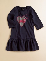 Her love for all things LMJ sings from the front of this sweet, easy knit frock.Ribbed scoop necklineLong sleeves with ribbed trimDropped waist with ruffled skirtMouse logo screen at back neckCottonMachine washImported
