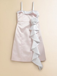This beautiful, satin, pastel-hued frock with rosette and ruffle detail is extra special for every fancy occasion.SquareneckSleevelessSide zipperBack vented hemPolyesterDry cleanMade in the USA of imported fabric