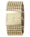You'll love the luscious champagne-goldtone hue of this sparkling & glamorous watch by DKNY. Crystal-accented ion-plated goldtone stainless steel bracelet and rectangular case. Goldtone dial with stick indices and logo. Quartz movement. Water resistant to 30 meters. Two-year limited warranty.