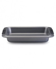 Take a no-nonsense, nonstick approach! Bake, braise and roast like a pro with the versatile Anolon 9 x 13 rectangular cake pan. New proprietary coating ensures superior release and makes cleanup a snap. Silicon-enhanced handles are steady and slip-free, while the pan's substantial weight provides durability and helps prevent warping.
