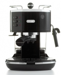 All about espresso. The De'Longhi Icona espresso machine brings cafe-style brewing to your countertop, delivering captivating flavor at the push of a button. Enjoy more option with a 2-in-1 filter holder that lets you brew from fresh grounds or ESE coffee pods. One-year warranty. Model ECO310BK.