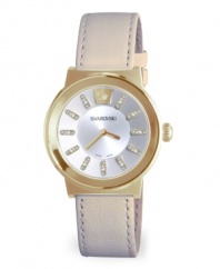 Exuding warmth, this Piazza watch by Swarovski shines brilliantly. Beige leather strap and round gold PVD stainless steel case. Silver tone dial with a circular sunray pattern features four crystal accents at each marker, logo at twelve o'clock and two gold tone hands. Swiss quartz movement. Water resistant to 30 meters. Two-year limited warranty.
