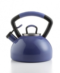 Fits you to a tea! For a richer pour, KitchenAid introduces a bright and lively porcelain enamel kettle to your kitchen with a gently arched soft grip that lets you get your hands on your favorite brew. A loud, crisp whistle alerts you to the boiling point, while the convenient push and pour spout gives you spill-proof one-handed operation. Hassle-free replacement warranty.