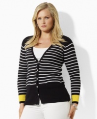 A timeless plus size button-front cardigan from Lauren by Ralph Lauren is crafted in ribbed cotton with a chic striped pattern and contrasting cuffs. (Clearance)