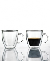 A shot of sophistication. Double-walled mugs make the perfect over-conversation piece, holding the hot and the cold of your favorite espresso blend. The heat-resistant borosilicate glass never sweats or radiates heat for a cup of comfort and bold flavor in the palm of your hand.