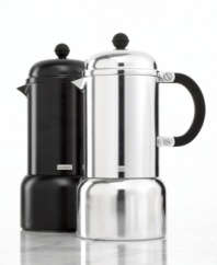 Return to the tradition of espresso! Indulge in the rich flavors of a homemade brew made cafe-style in a classic, charming piece that will add an element of style to your stovetop. The retro heat-resistant handle and simple design stand out and couple to quickly brew an excellent cup of espresso. 1-year warranty.