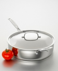 Sauté the kitchen-savvy way. In the Cuisinart tradition of professional performance, this sauté pan is cast in gleaming 18/10 stainless steel designed for smart, healthy cooking. Aluminum core spreads heat for even cooking. Lifetime limited warranty.