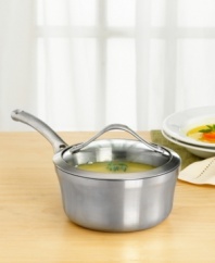 Simmer sumptuous sauces or heat up homemade soups with this top-of-the-line saucepan. Stainless steel build and sleek curved vessel ensure exceptional and consistent cooking results. Stay-cool long handles let you move pan without burning your hands. Glass cover. Dishwasher safe. Lifetime warranty.