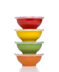 Keep your kitchen contained in a set of four prep bowls that stop mixes and messes from building up on your countertops. Each sturdy melamine bowl comes with a lid so you can always top off what you're working on and come back later. Limited lifetime warranty.